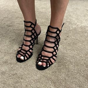 Steve Madden Slithur Black Nubuck Suede Caged Heels
